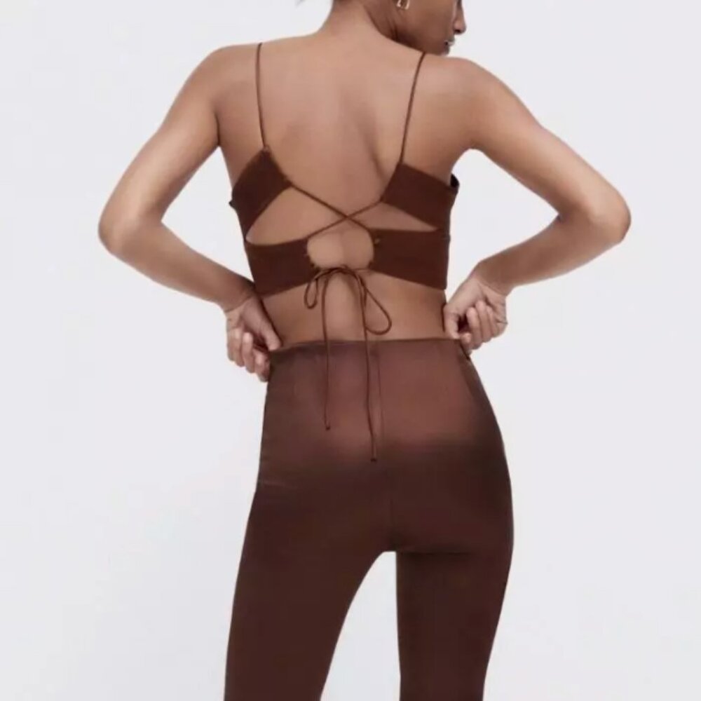 Zara Crop Tank Top satin effect criss cross back Womens Brown (medium) going out